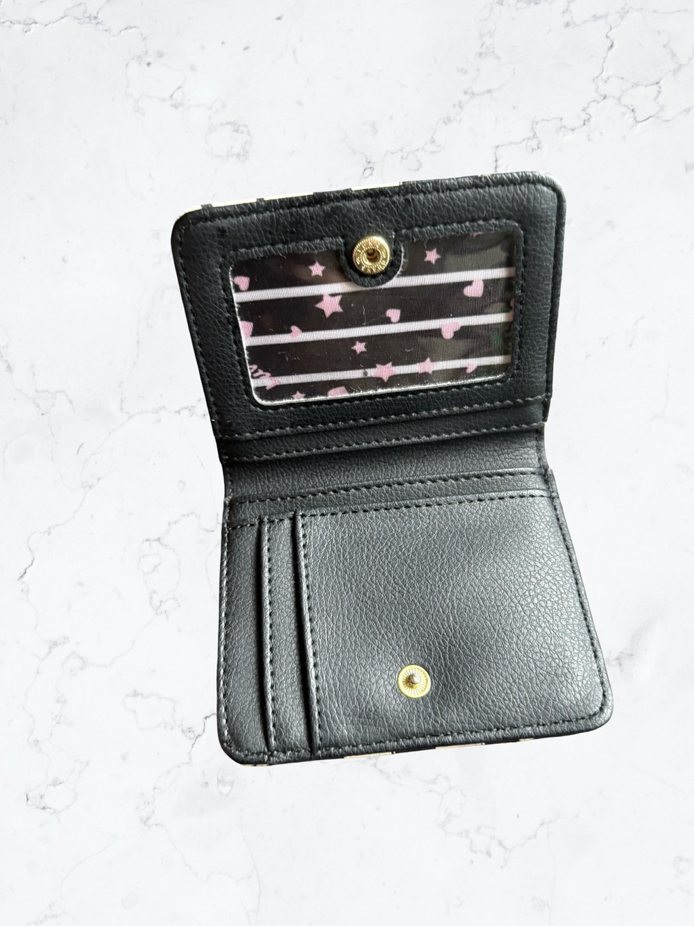 Betsey Johnson Black and White Polka Dot Zip-Around Wallet with Gold Plaque - Picture 4 of 4